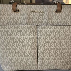 Michael Kors Neutral MK Logo Tote with Tan Trim